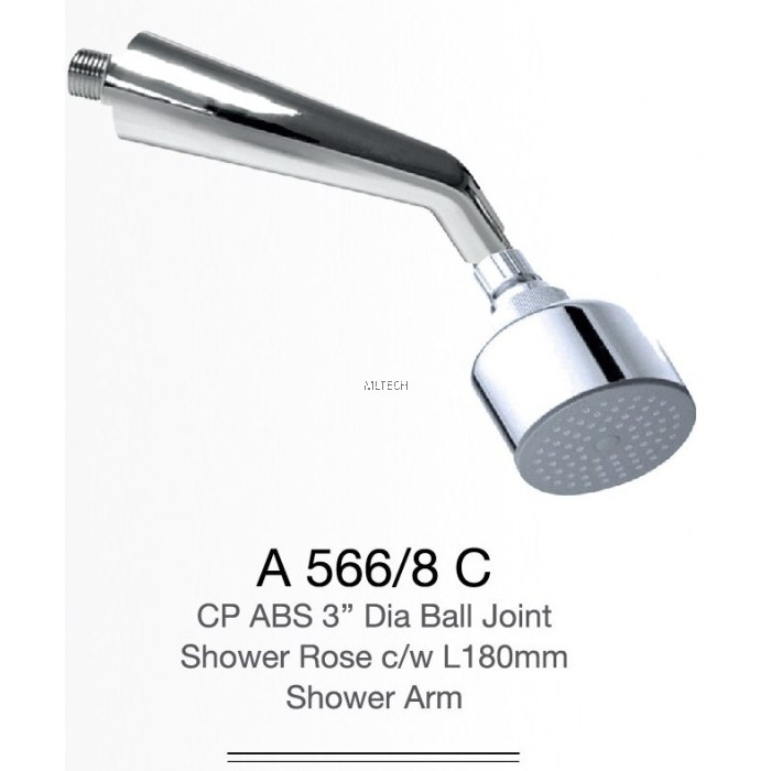 A566/8C CP ABS 3" Dia Ball Joint Shower Rose c/w L180mm Shower Arm
